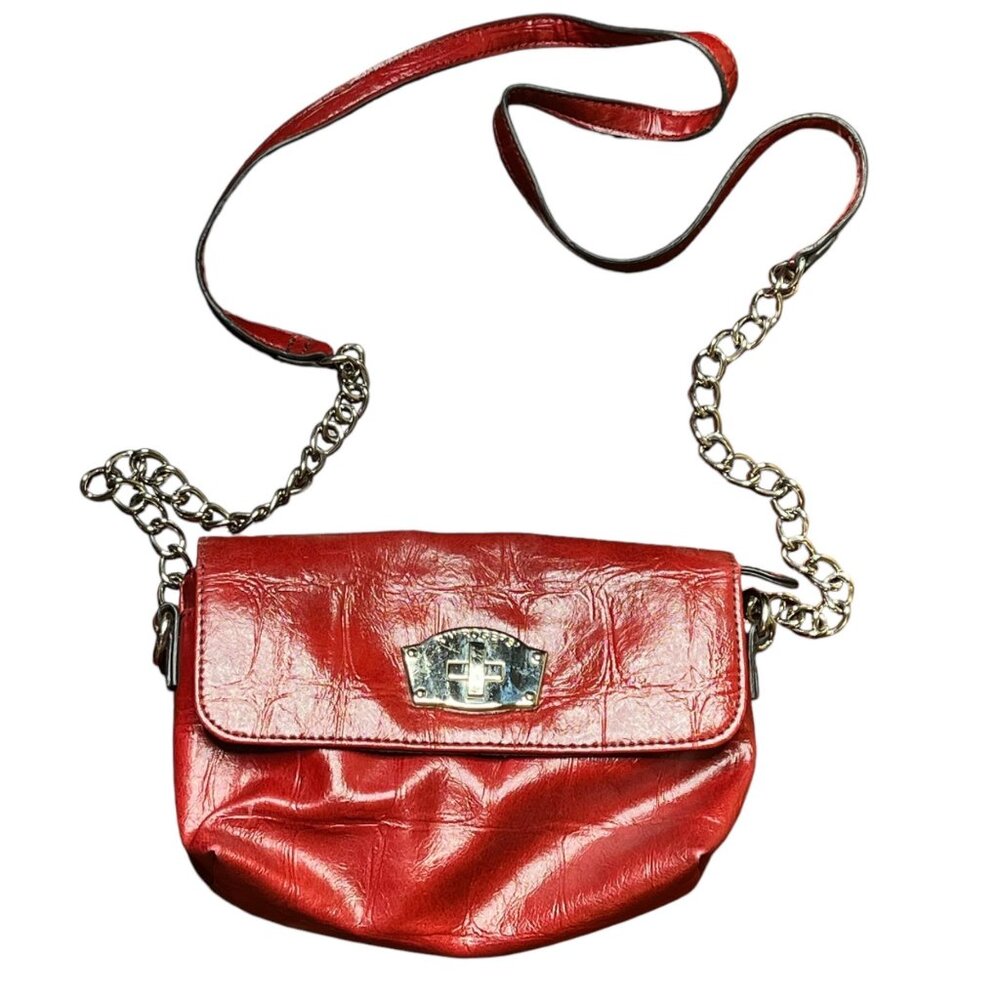 Kim Rogers Red Faux Leather Crossbody Bag With Chain Strap & Silver Hardware